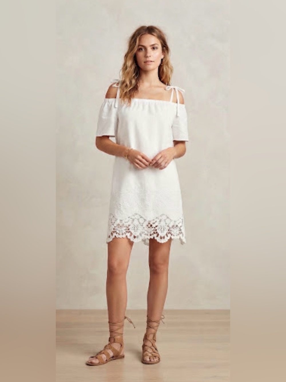 Madewell White Off-Shoulder Tie-Shoulder Lace-Hem Mini Dress